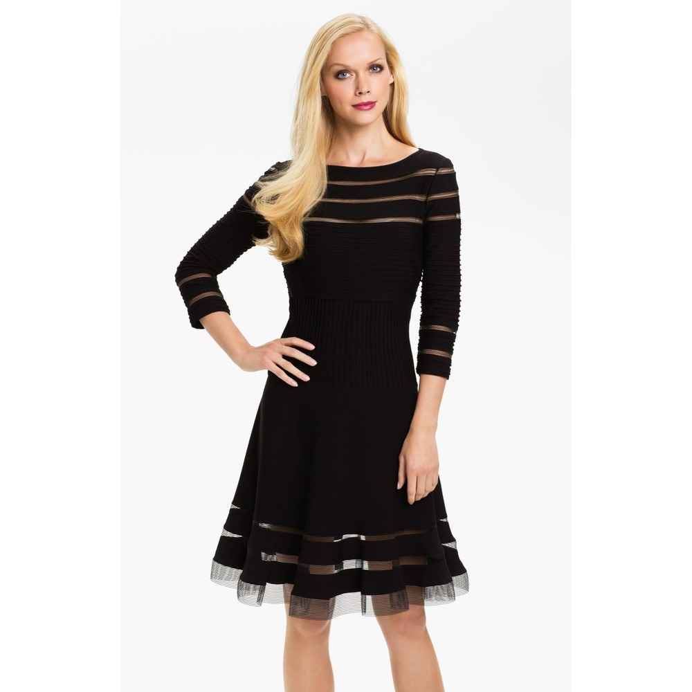 Tadashi Shoji Petite Black Fit Flare 3/4 Sleeve Sheer Mesh Panel Cocktail Dress